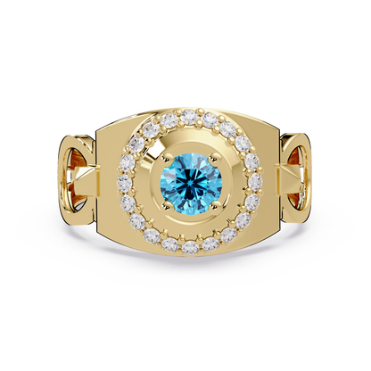 0.8 CTW Round Halo Geometric Men’s Colorstone Ring with Aquamarine Blue in 14K Yellow Gold – Lunéa Paris