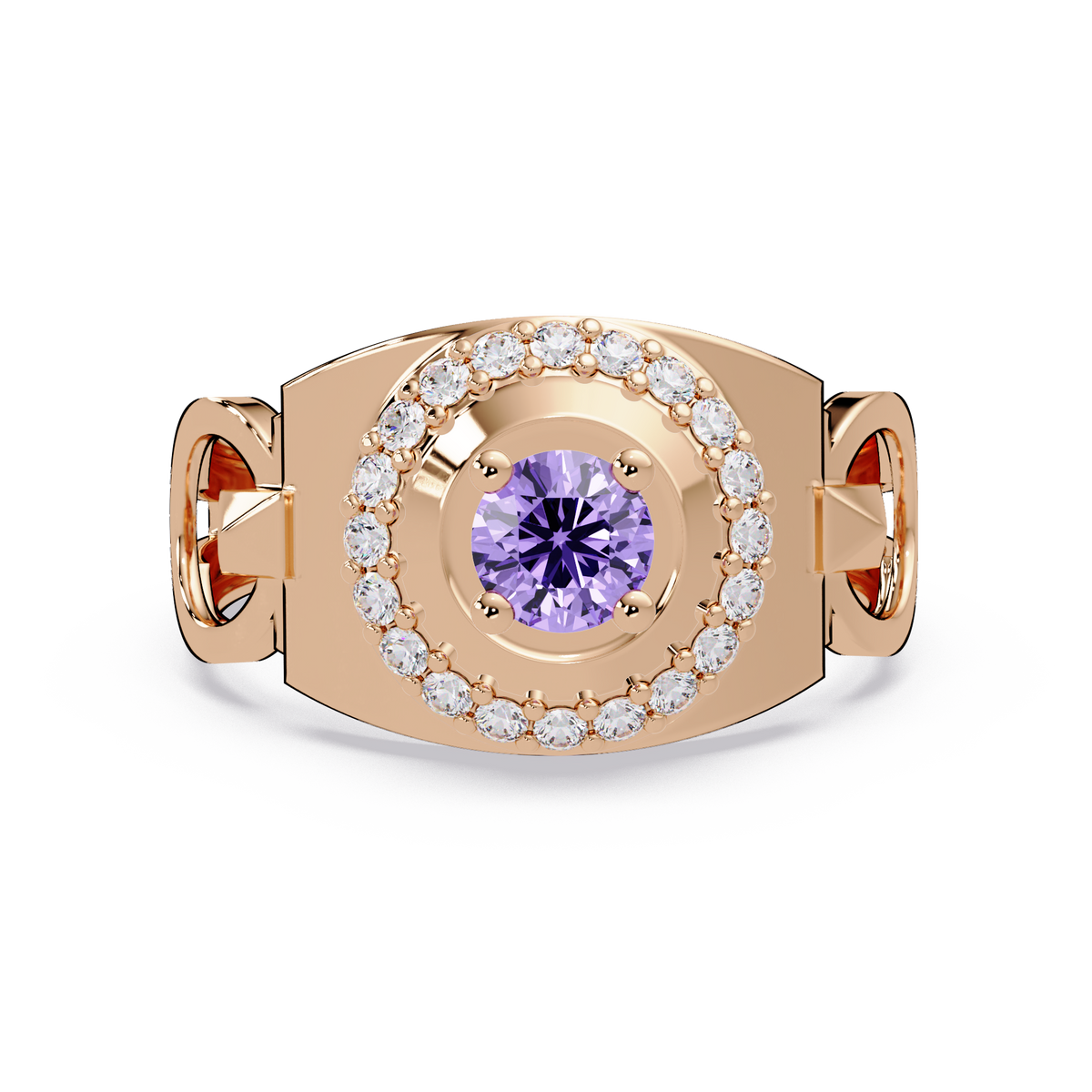 0.8 CTW Round Halo Geometric Men’s Colorstone Ring with Amethyst Purple in 14K Rose Gold – Lunéa Paris