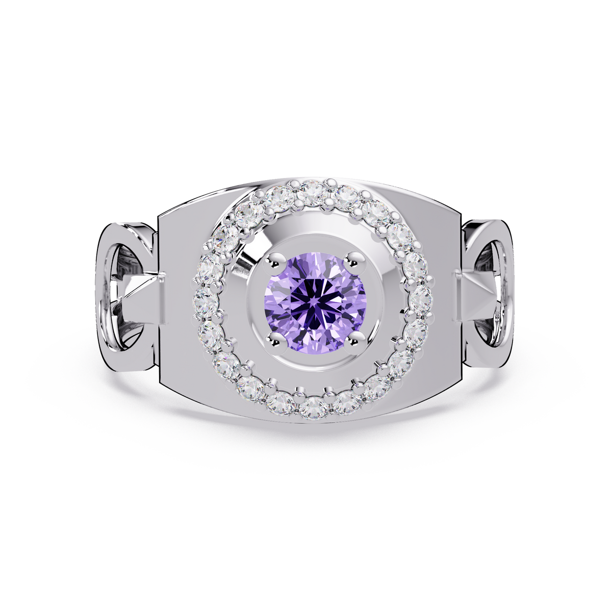 0.8 CTW Round Halo Geometric Men’s Colorstone Ring with Amethyst Purple in 14K White Gold – Lunéa Paris