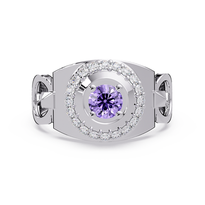 0.8 CTW Round Halo Geometric Men’s Colorstone Ring with Amethyst Purple in 14K White Gold – Lunéa Paris