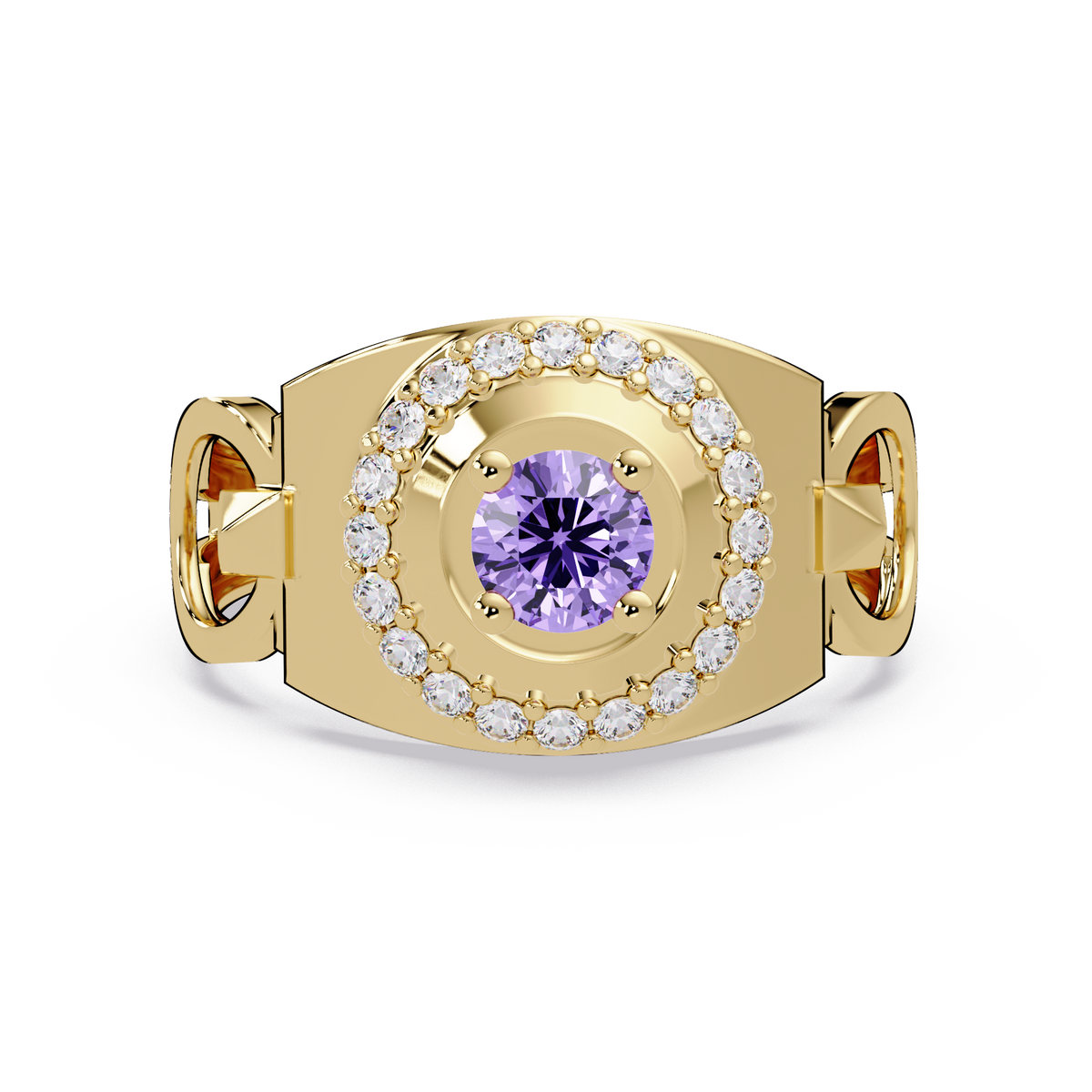 0.8 CTW Round Halo Geometric Men’s Colorstone Ring with Amethyst Purple in 14K Yellow Gold – Lunéa Paris