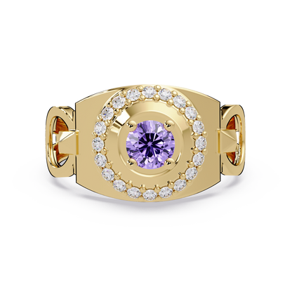0.8 CTW Round Halo Geometric Men’s Colorstone Ring with Amethyst Purple in 14K Yellow Gold – Lunéa Paris