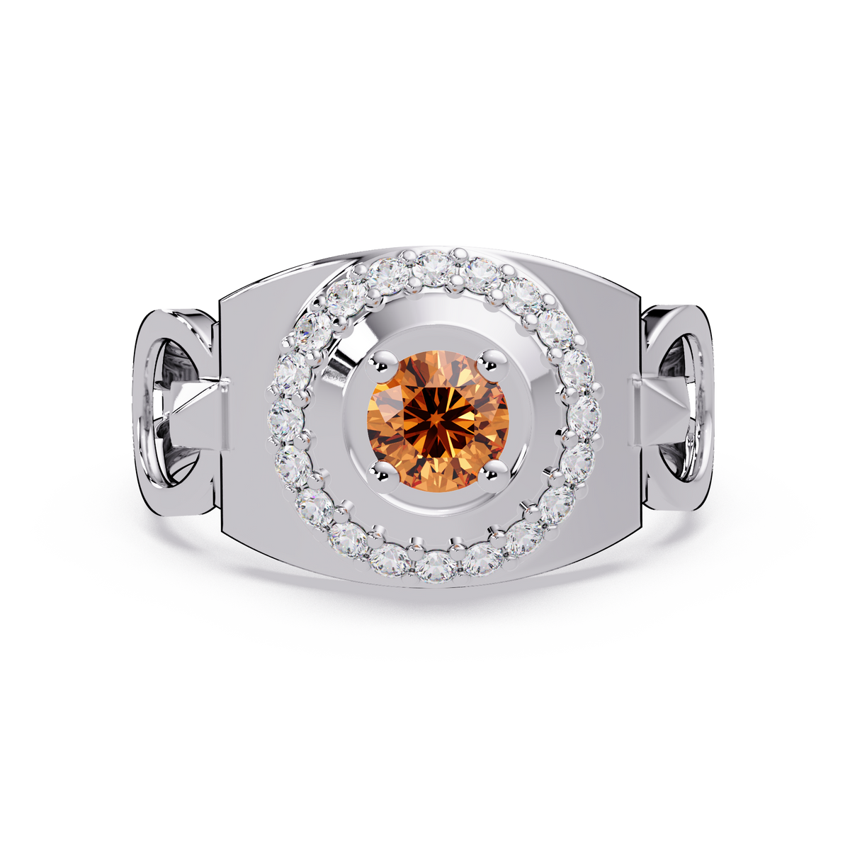 0.8 CTW Round Halo Geometric Men’s Colorstone Ring with Champagne Topaz in 14K White Gold – Lunéa Paris