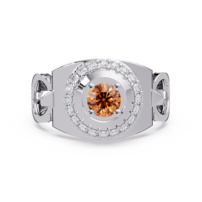 0.8 CTW Round Halo Geometric Men’s Colorstone Ring with Champagne Topaz in 14K White Gold – Lunéa Paris