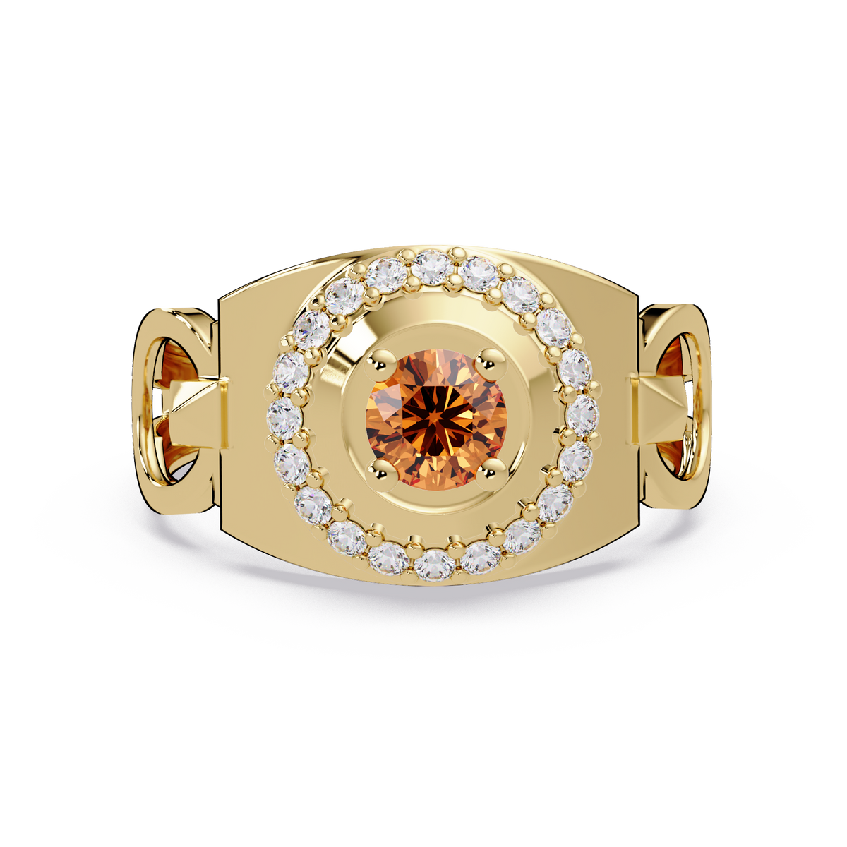 0.8 CTW Round Halo Geometric Men’s Colorstone Ring with Champagne Topaz in 14K Yellow Gold – Lunéa Paris