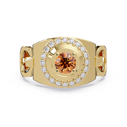 0.8 CTW Round Halo Geometric Men’s Colorstone Ring with Champagne Topaz in 14K Yellow Gold – Lunéa Paris