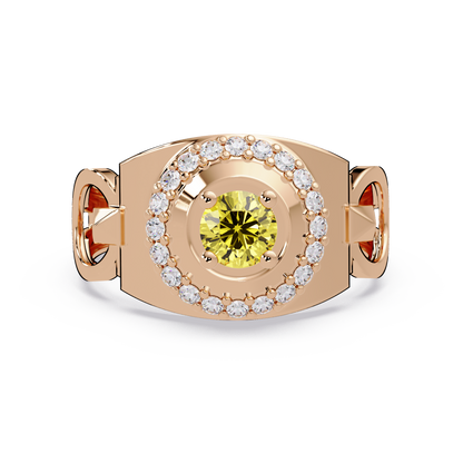 0.8 CTW Round Halo Geometric Men’s Colorstone Ring with Citrine Yellow in 14K Rose Gold – Lunéa Paris