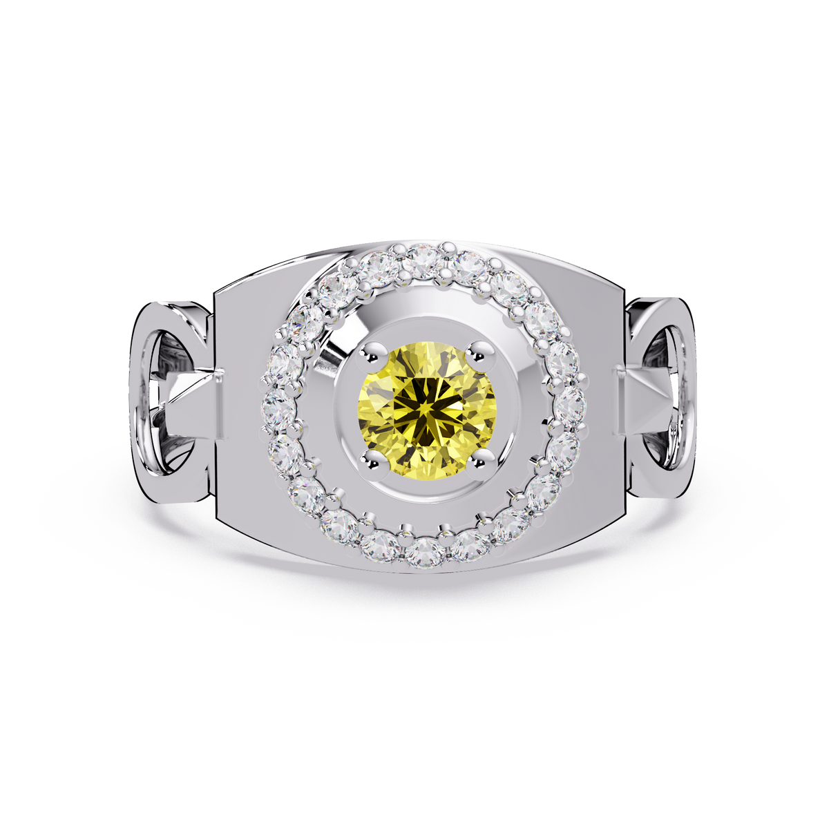 0.8 CTW Round Halo Geometric Men’s Colorstone Ring with Citrine Yellow in 14K White Gold – Lunéa Paris