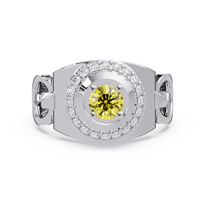 0.8 CTW Round Halo Geometric Men’s Colorstone Ring with Citrine Yellow in 14K White Gold – Lunéa Paris