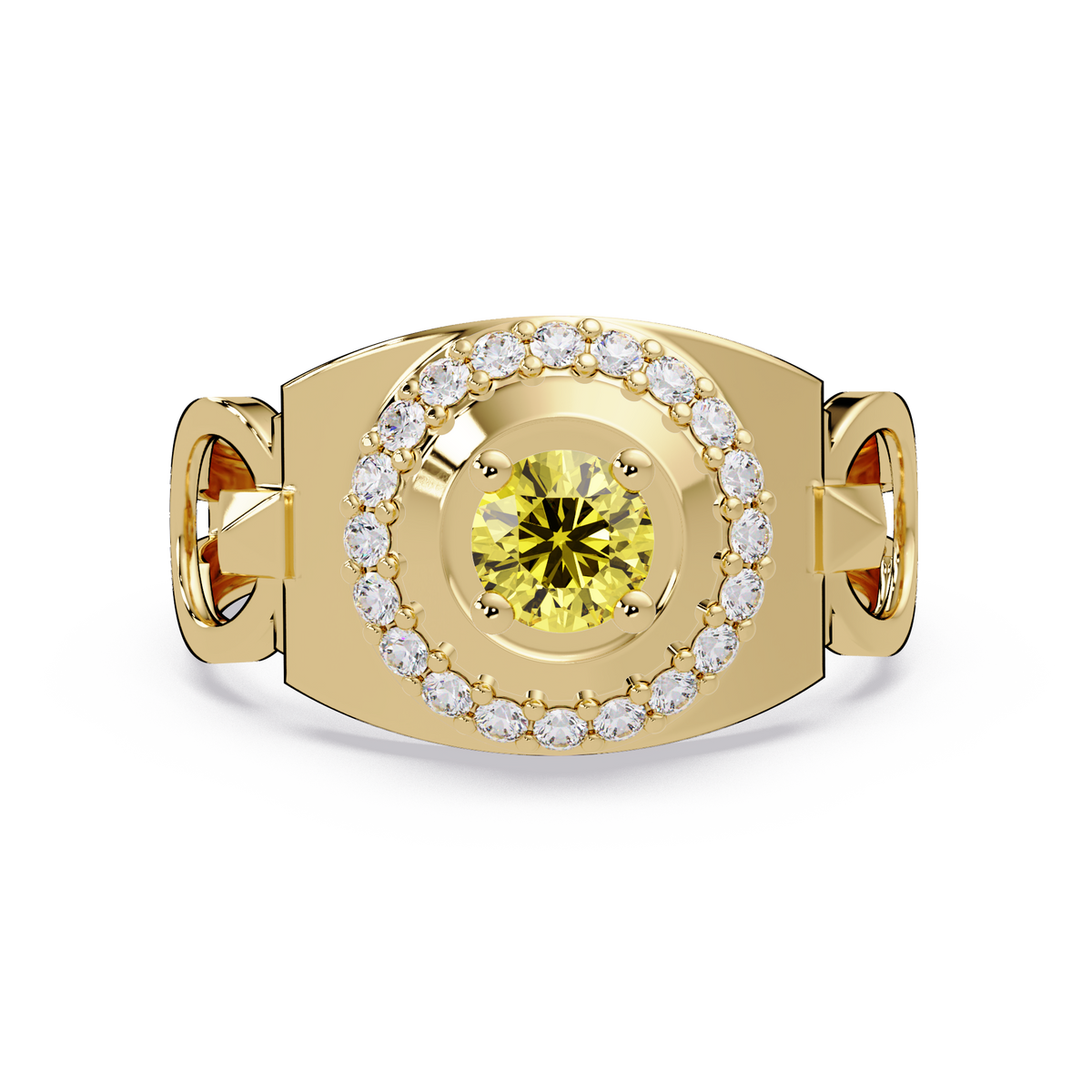 0.8 CTW Round Halo Geometric Men’s Colorstone Ring with Citrine Yellow in 14K Yellow Gold – Lunéa Paris