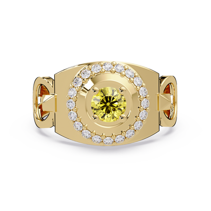 0.8 CTW Round Halo Geometric Men’s Colorstone Ring with Citrine Yellow in 14K Yellow Gold – Lunéa Paris