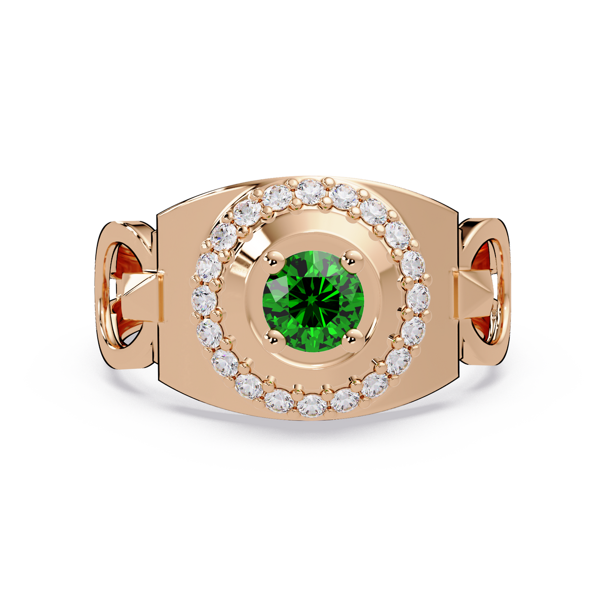 0.8 CTW Round Halo Geometric Men’s Colorstone Ring with Emerald Green in 14K Rose Gold – Lunéa Paris
