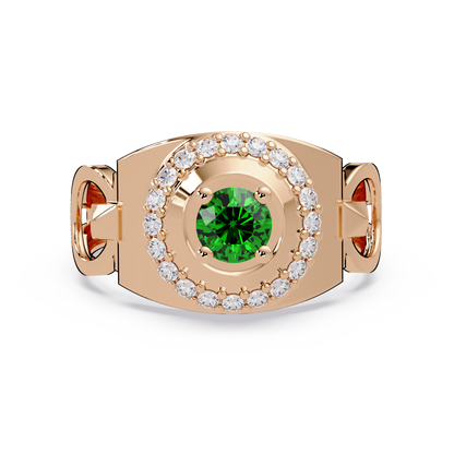 0.8 CTW Round Halo Geometric Men’s Colorstone Ring with Emerald Green in 14K Rose Gold – Lunéa Paris