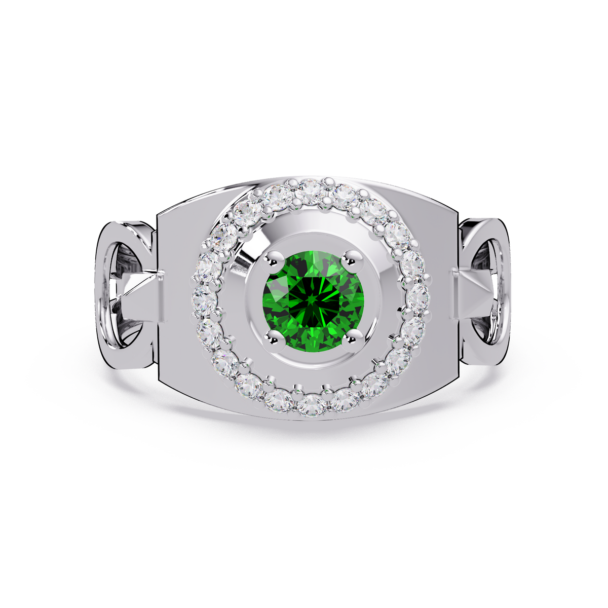 0.8 CTW Round Halo Geometric Men’s Colorstone Ring with Emerald Green in 14K White Gold – Lunéa Paris