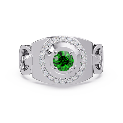 0.8 CTW Round Halo Geometric Men’s Colorstone Ring with Emerald Green in 14K White Gold – Lunéa Paris