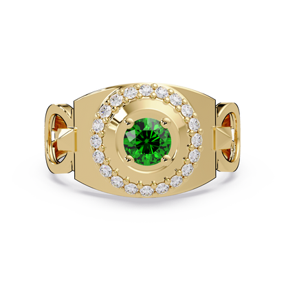 0.8 CTW Round Halo Geometric Men’s Colorstone Ring with Emerald Green in 14K Yellow Gold – Lunéa Paris