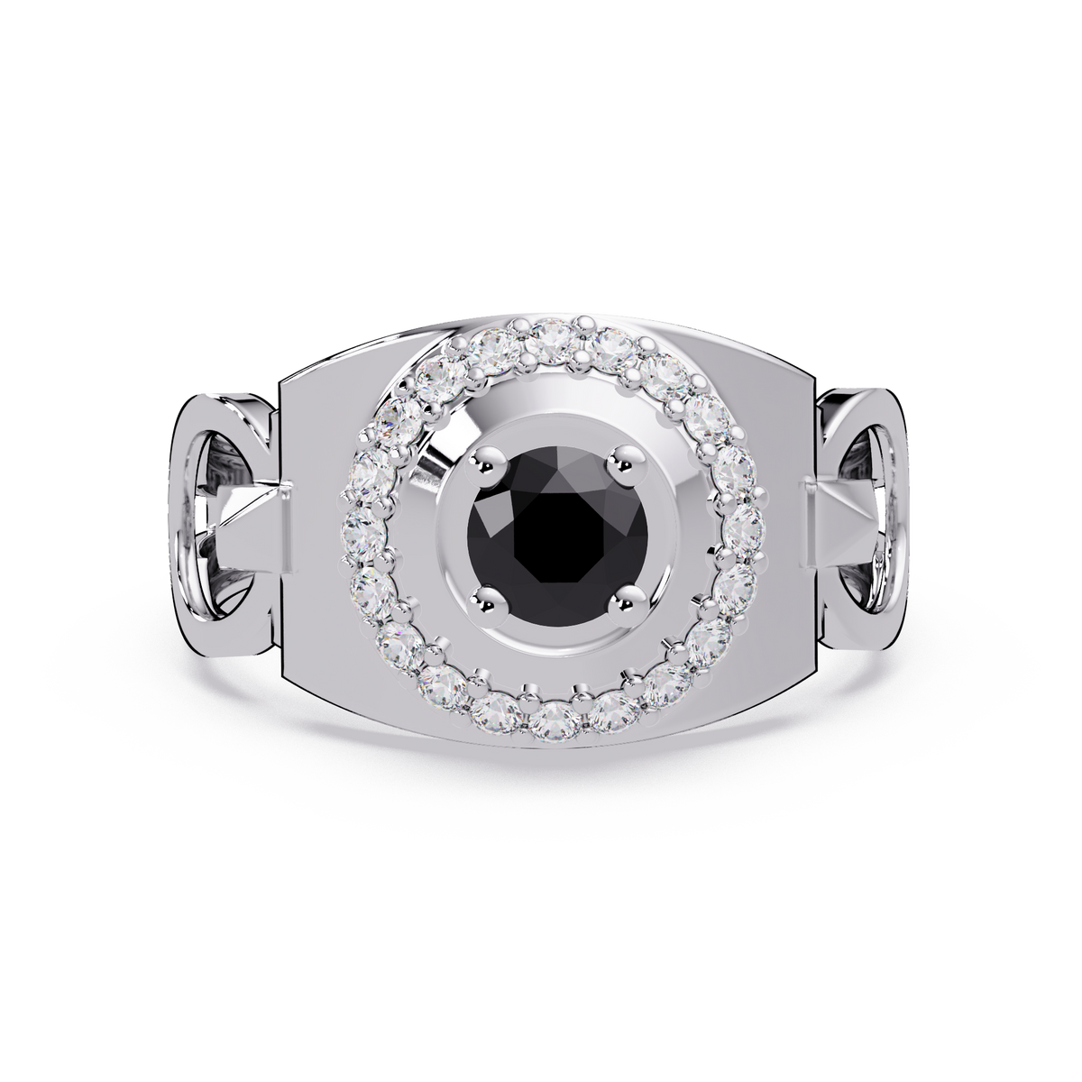 0.8 CTW Round Halo Geometric Men’s Colorstone Ring with Onyx in 14K White Gold – Lunéa Paris