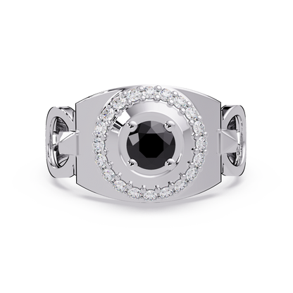 0.8 CTW Round Halo Geometric Men’s Colorstone Ring with Onyx in 14K White Gold – Lunéa Paris