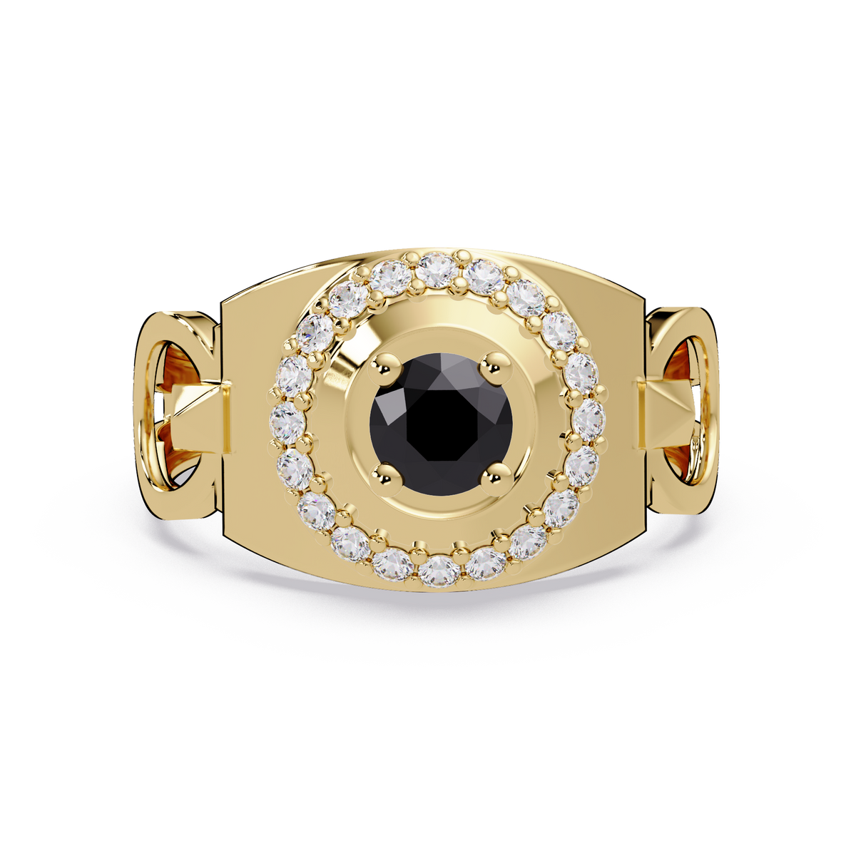 0.8 CTW Round Halo Geometric Men’s Colorstone Ring with Onyx in 14K Yellow Gold – Lunéa Paris