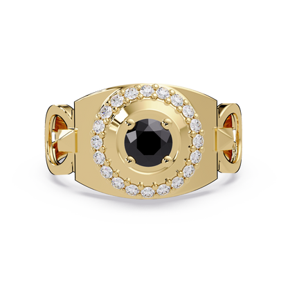 0.8 CTW Round Halo Geometric Men’s Colorstone Ring with Onyx in 14K Yellow Gold – Lunéa Paris