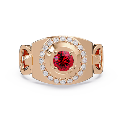 0.8 CTW Round Halo Geometric Men’s Colorstone Ring with Ruby Red in 14K Rose Gold – Lunéa Paris