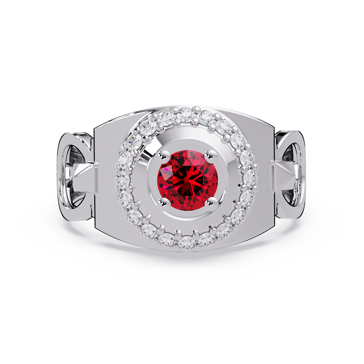 0.8 CTW Round Halo Geometric Men’s Colorstone Ring with Ruby Red in 14K White Gold – Lunéa Paris