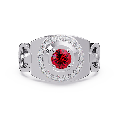 0.8 CTW Round Halo Geometric Men’s Colorstone Ring with Ruby Red in 14K White Gold – Lunéa Paris