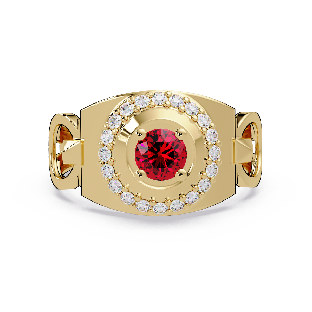 0.8 CTW Round Halo Geometric Men’s Colorstone Ring with Ruby Red in 14K Yellow Gold – Lunéa Paris