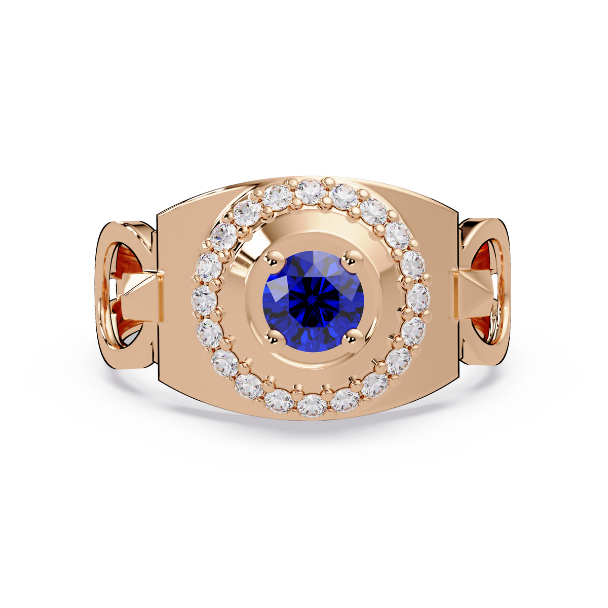 0.8 CTW Round Halo Geometric Men’s Colorstone Ring with Sapphire Blue in 14K Rose Gold – Lunéa Paris