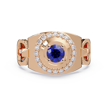 0.8 CTW Round Halo Geometric Men’s Colorstone Ring with Sapphire Blue in 14K Rose Gold – Lunéa Paris