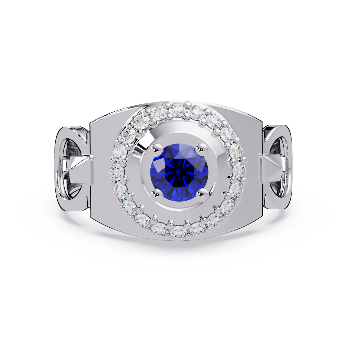 0.8 CTW Round Halo Geometric Men’s Colorstone Ring with Sapphire Blue in 14K White Gold – Lunéa Paris