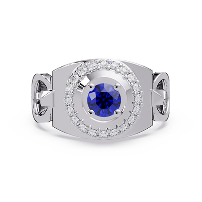 0.8 CTW Round Halo Geometric Men’s Colorstone Ring with Sapphire Blue in 14K White Gold – Lunéa Paris