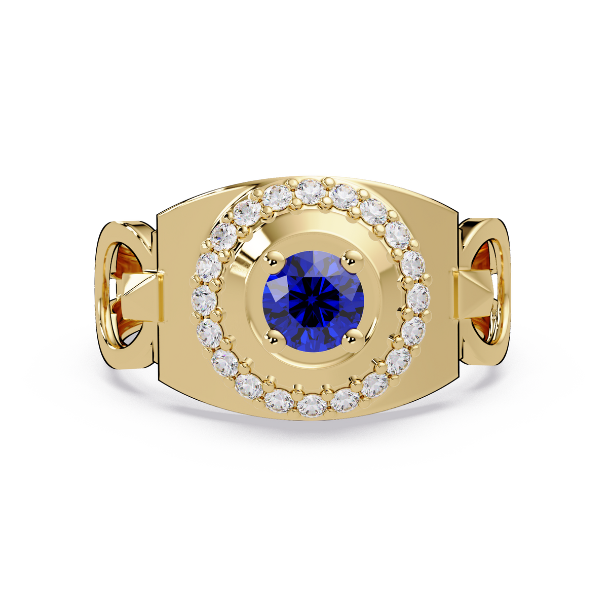 0.8 CTW Round Halo Geometric Men’s Colorstone Ring with Sapphire Blue in 14K Yellow Gold – Lunéa Paris
