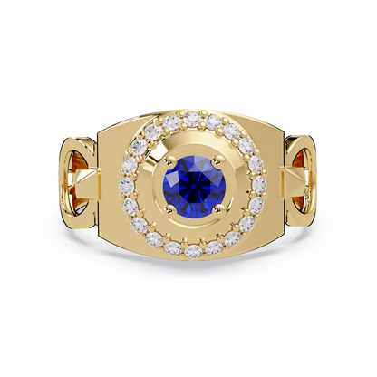 0.8 CTW Round Halo Geometric Men’s Colorstone Ring with Sapphire Blue in 14K Yellow Gold – Lunéa Paris
