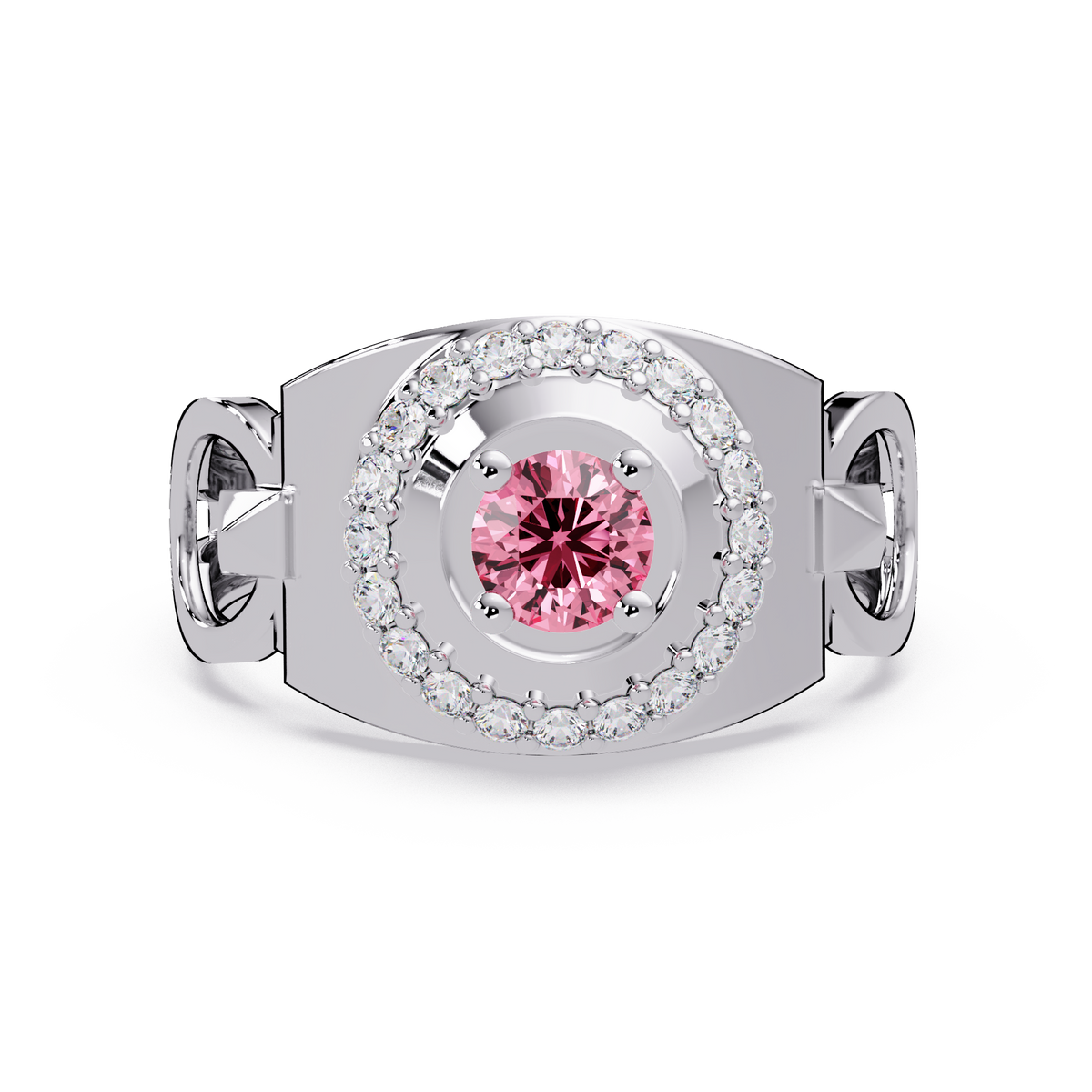 0.8 CTW Round Halo Geometric Men’s Colorstone Ring with Tourmaline Pink in 14K White Gold – Lunéa Paris