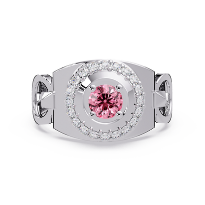0.8 CTW Round Halo Geometric Men’s Colorstone Ring with Tourmaline Pink in 14K White Gold – Lunéa Paris