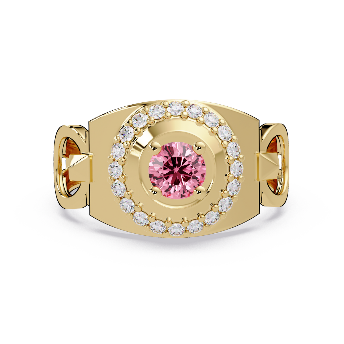 0.8 CTW Round Halo Geometric Men’s Colorstone Ring with Tourmaline Pink in 14K Yellow Gold – Lunéa Paris
