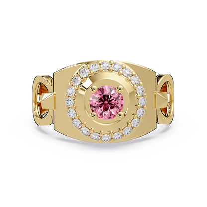 0.8 CTW Round Halo Geometric Men’s Colorstone Ring with Tourmaline Pink in 14K Yellow Gold – Lunéa Paris