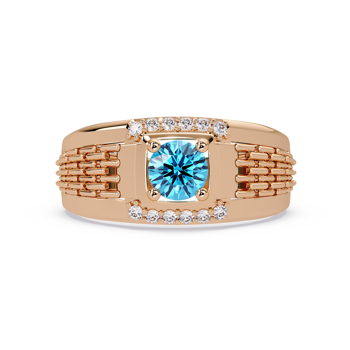 0.7 CTW Round Diamond Accent Geometric Men’s Colorstone Ring with Aquamarine Blue in 14K Rose Gold – Lunéa Paris