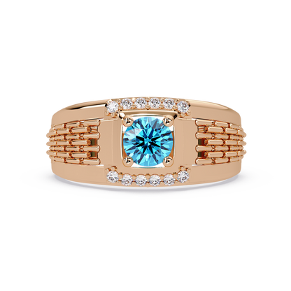 0.7 CTW Round Diamond Accent Geometric Men’s Colorstone Ring with Aquamarine Blue in 14K Rose Gold – Lunéa Paris