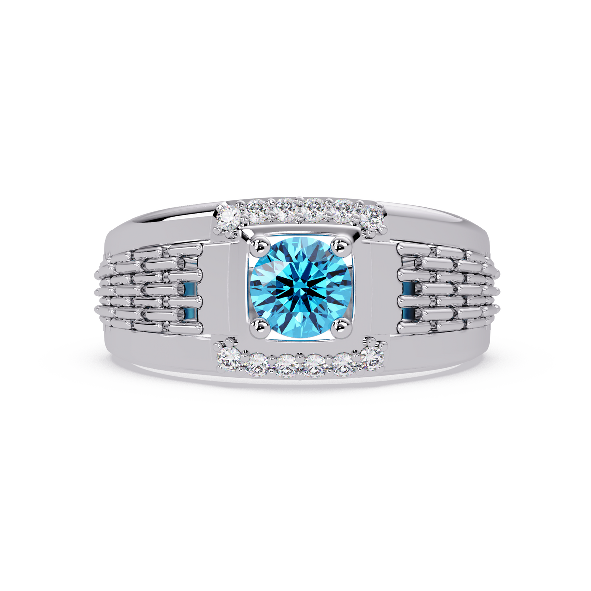 0.7 CTW Round Diamond Accent Geometric Men’s Colorstone Ring with Aquamarine Blue in 14K White Gold – Lunéa Paris