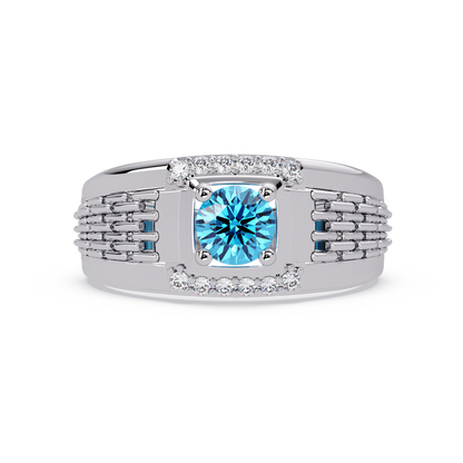 0.7 CTW Round Diamond Accent Geometric Men’s Colorstone Ring with Aquamarine Blue in 14K White Gold – Lunéa Paris