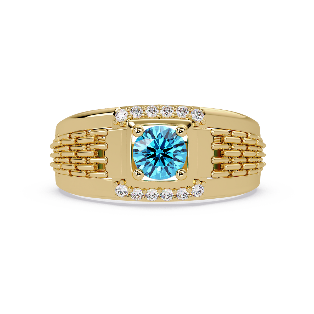 0.7 CTW Round Diamond Accent Geometric Men’s Colorstone Ring with Aquamarine Blue in 14K Yellow Gold – Lunéa Paris