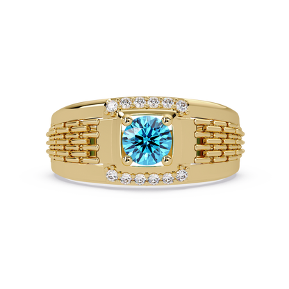 0.7 CTW Round Diamond Accent Geometric Men’s Colorstone Ring with Aquamarine Blue in 14K Yellow Gold – Lunéa Paris