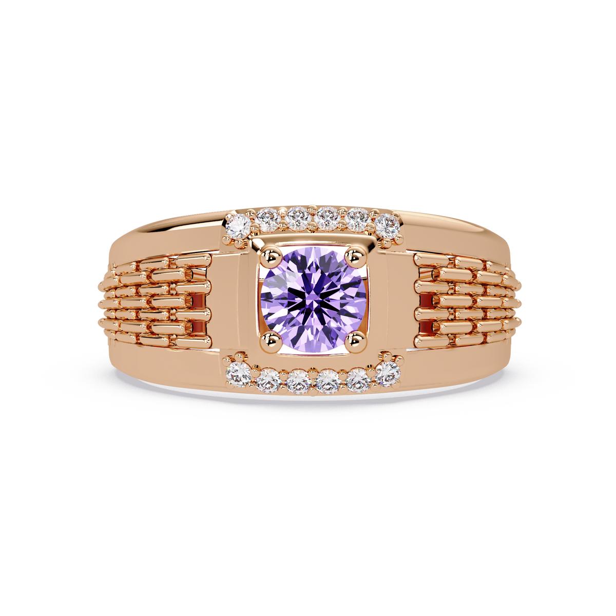 0.7 CTW Round Diamond Accent Geometric Men’s Colorstone Ring with Amethyst Purple in 14K Rose Gold – Lunéa Paris