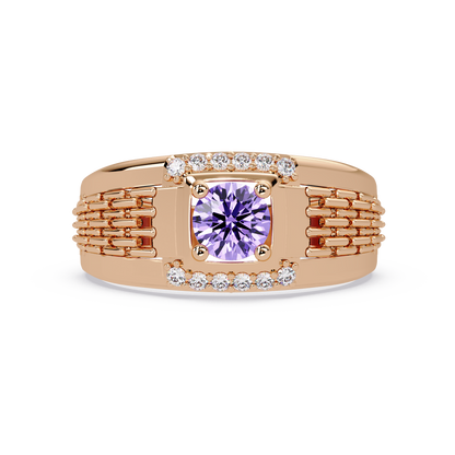 0.7 CTW Round Diamond Accent Geometric Men’s Colorstone Ring with Amethyst Purple in 14K Rose Gold – Lunéa Paris