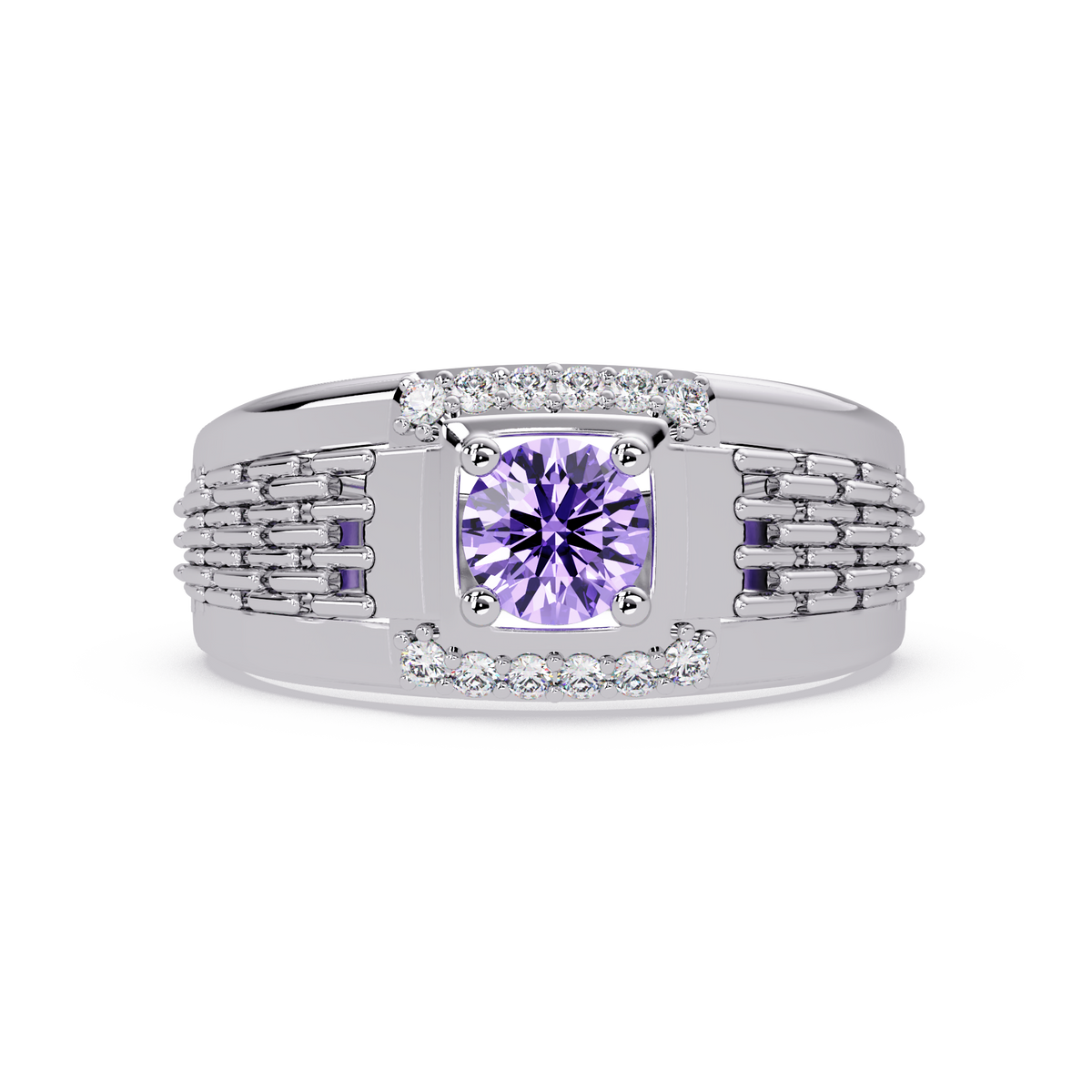 0.7 CTW Round Diamond Accent Geometric Men’s Colorstone Ring with Amethyst Purple in 14K White Gold – Lunéa Paris