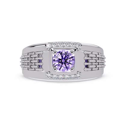 0.7 CTW Round Diamond Accent Geometric Men’s Colorstone Ring with Amethyst Purple in 14K White Gold – Lunéa Paris