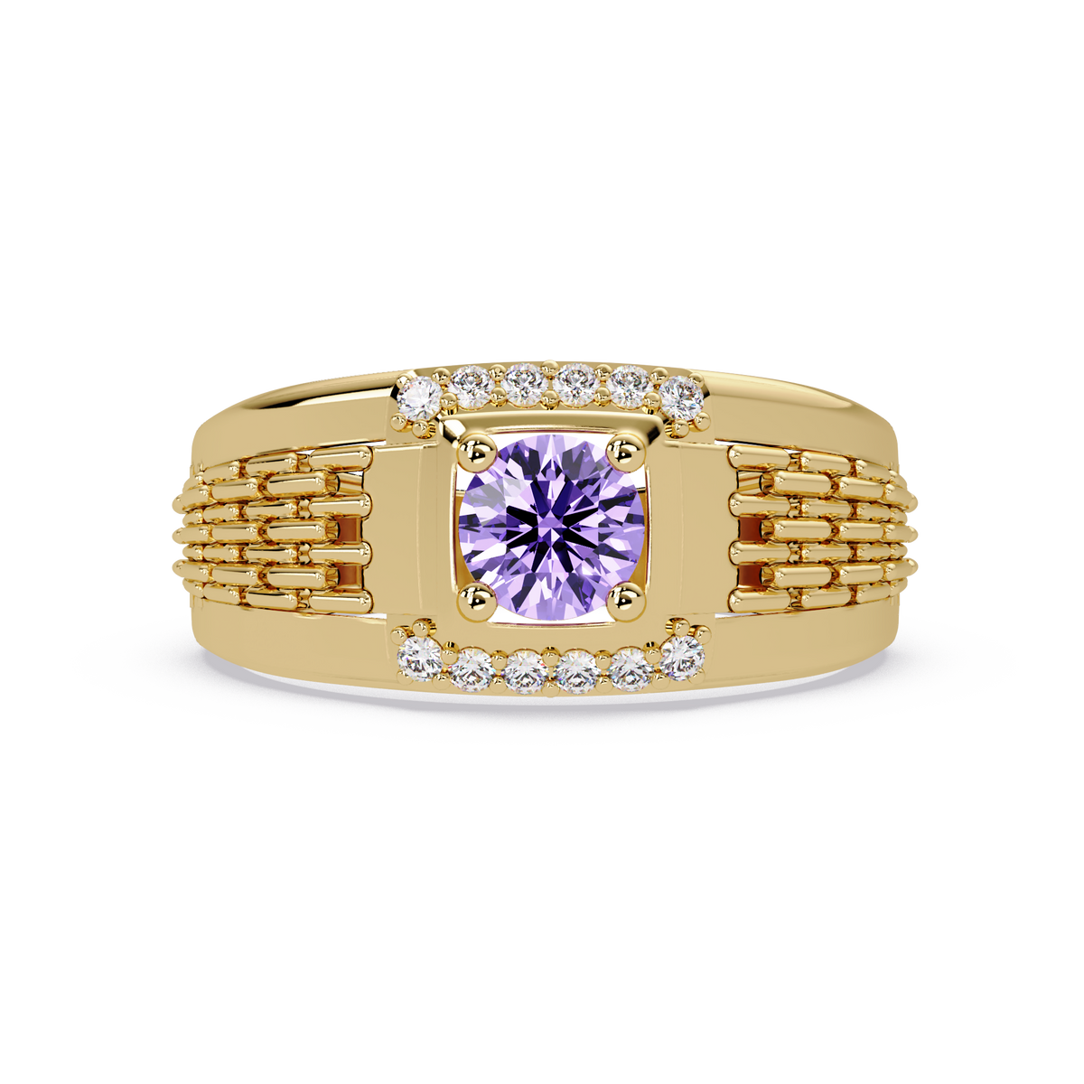 0.7 CTW Round Diamond Accent Geometric Men’s Colorstone Ring with Amethyst Purple in 14K Yellow Gold – Lunéa Paris