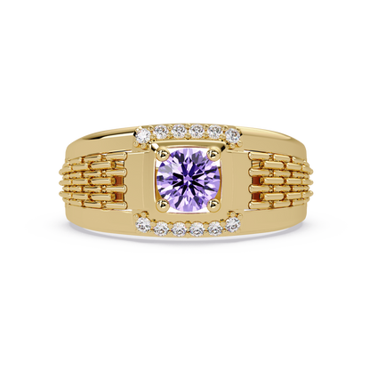 0.7 CTW Round Diamond Accent Geometric Men’s Colorstone Ring with Amethyst Purple in 14K Yellow Gold – Lunéa Paris